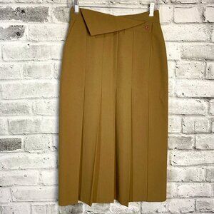 Vintage Camel Pleated High Rise Asymmetric Waist Midi Skirt